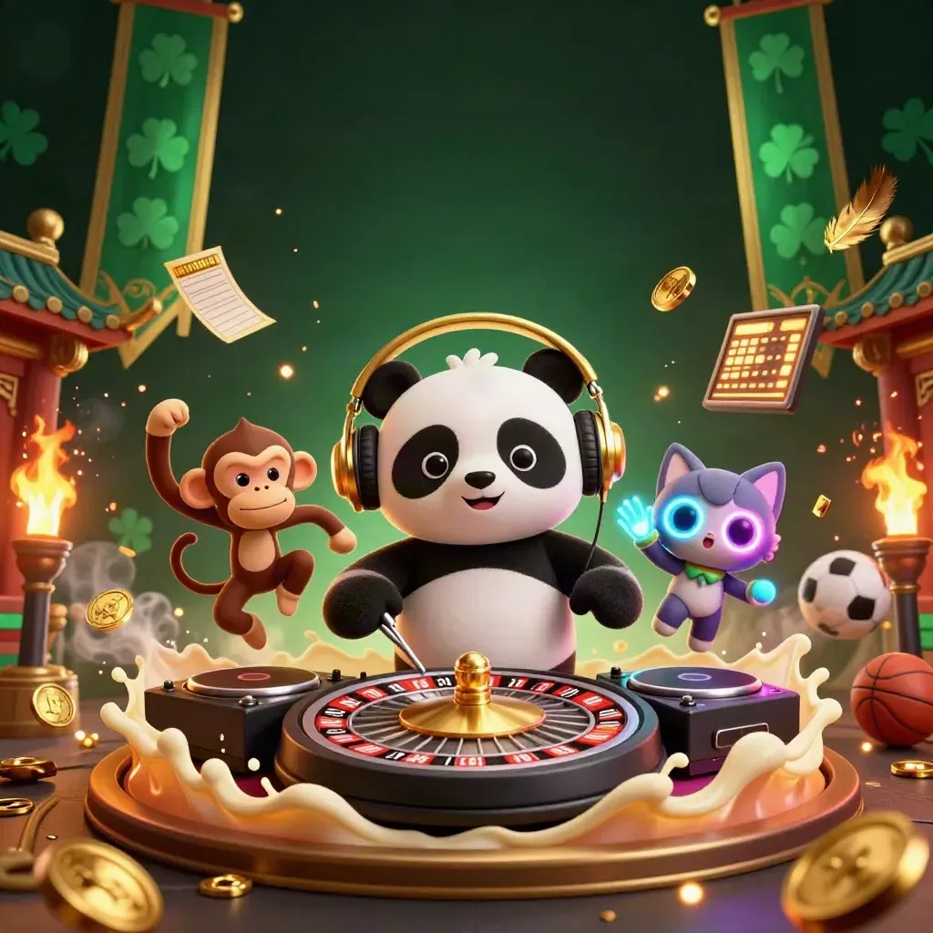 DJ panda, breakdancing monkey, and glow-stick kitten in a luxe casino fantasy scene.