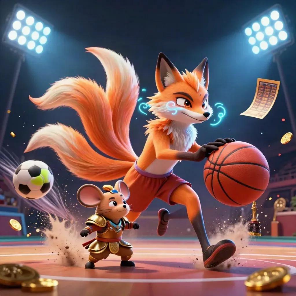 Neon fox spirit and samurai mouse with flying balls, gold coins, and basketball impact burst