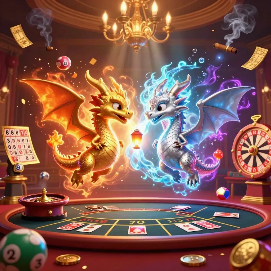 Twin gold and silver dragons orbit a lantern spirit amid casino jackpots and glowing lights.