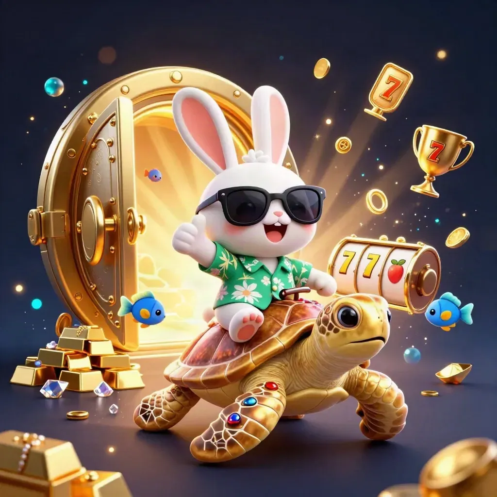 Lucky rabbit rides a golden turtle through treasure, gems, and casino reels.