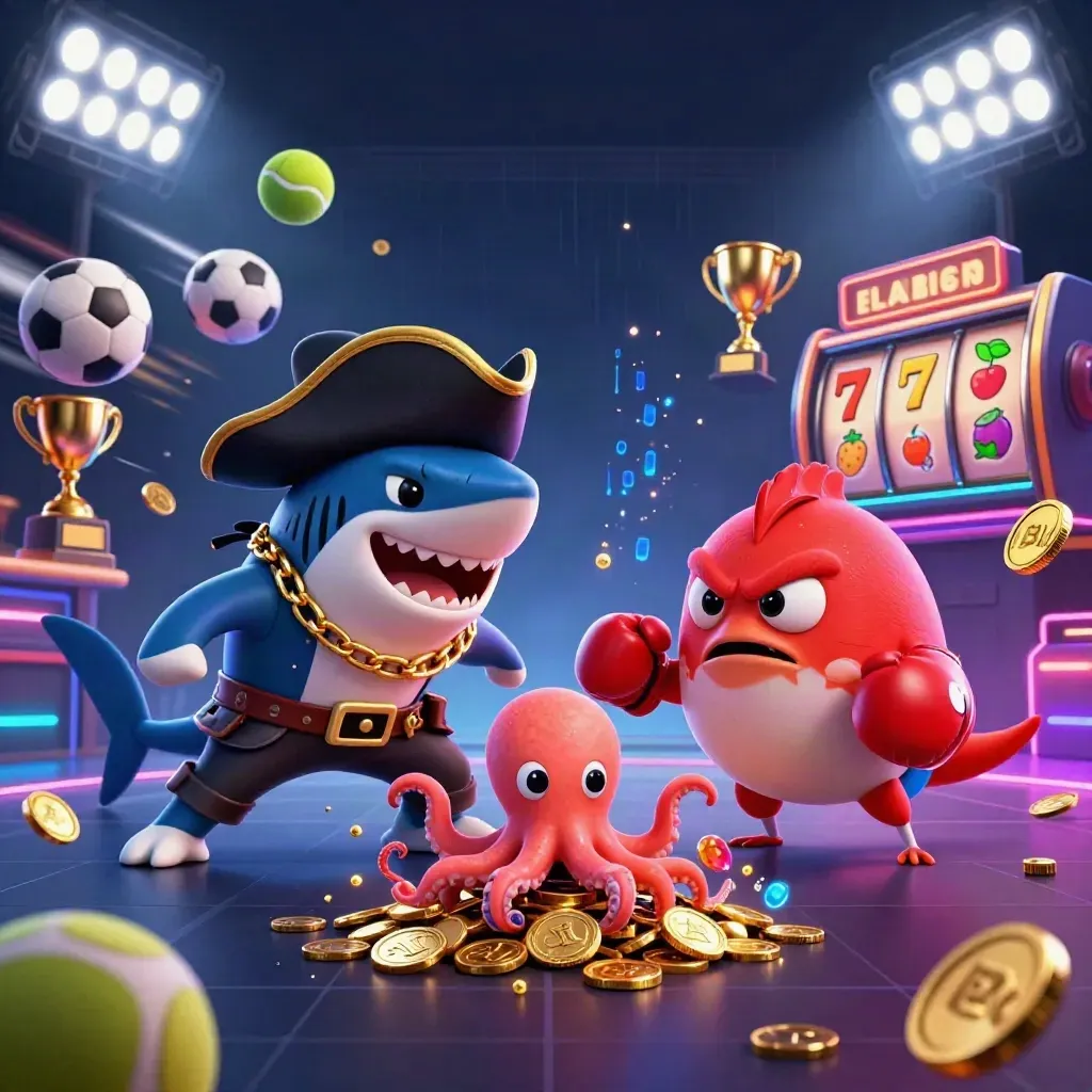 Pirate shark, boxing pufferfish, and coin-juggling octopus amid neon jackpot chaos and flying sports balls.