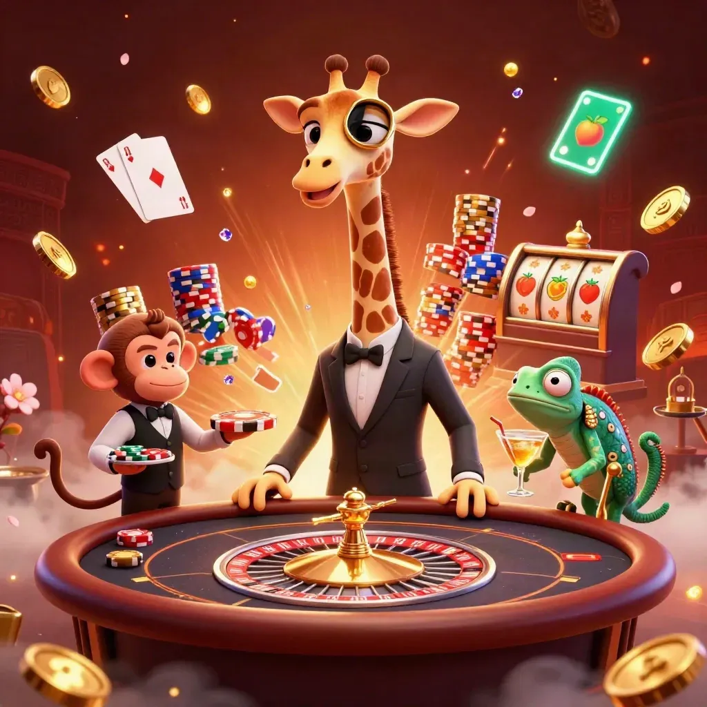Giraffe, monkey valet, and chameleon bartender amid roulette coins, chips, and glowing jewels.