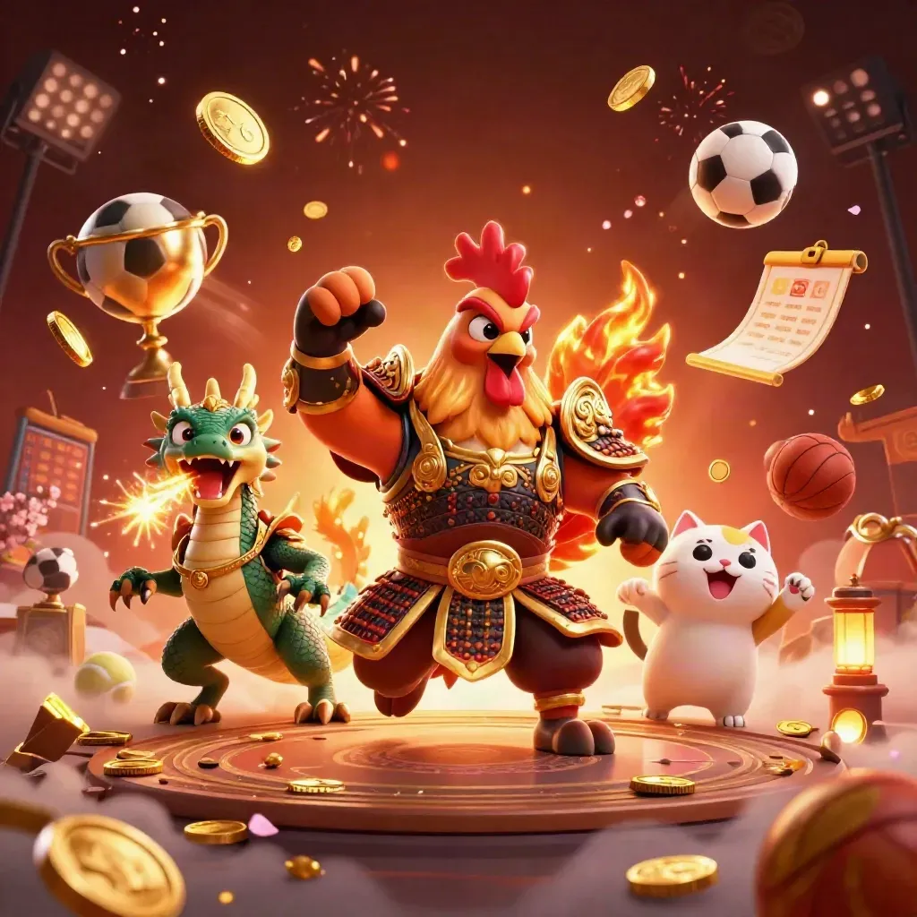 Rooster warrior, dragon hatchling, and fortune cat amid exploding gold coins and fireworks.