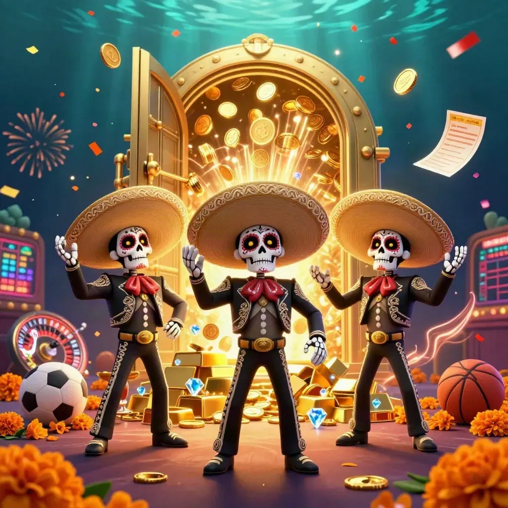 Skeleton mariachi trio celebrating as a vault explodes with gold, gems, fireworks, and casino energy.