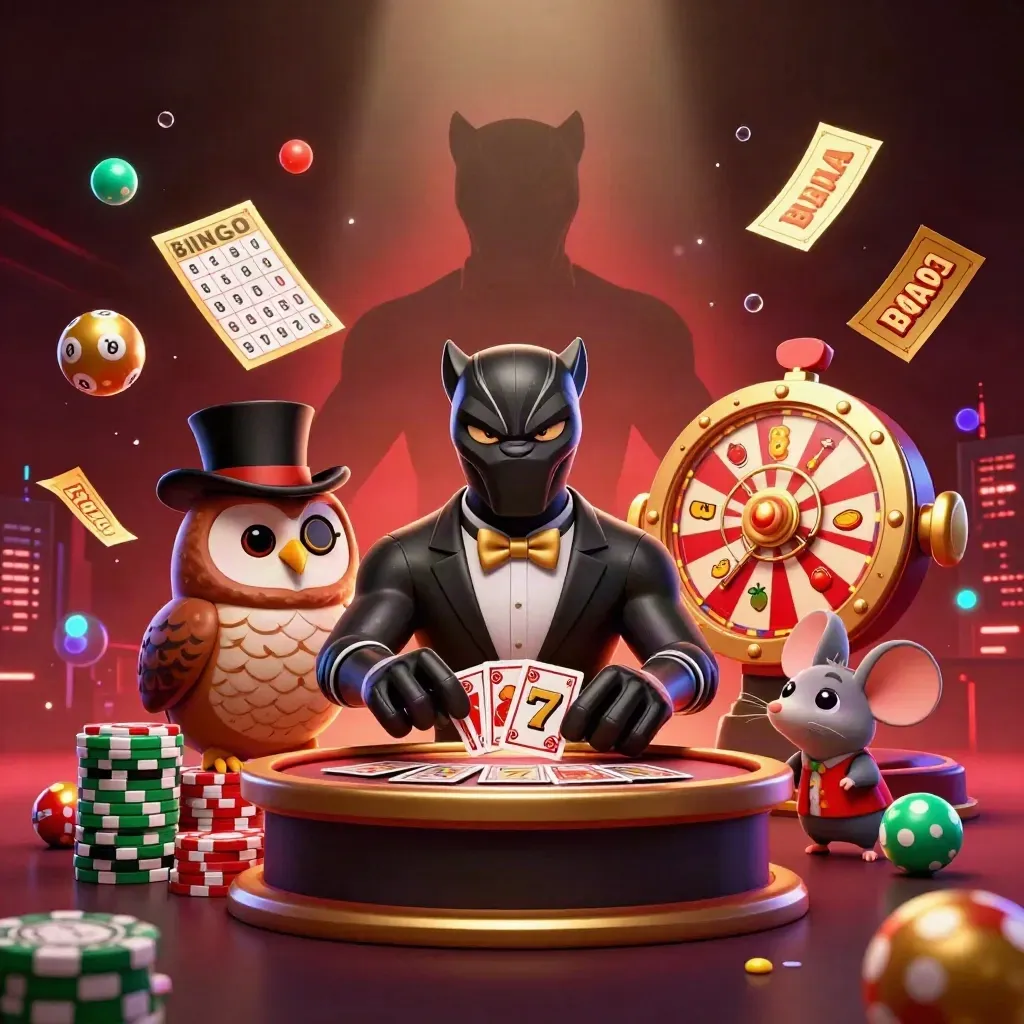 Panther, owl, and mouse in a luxe casino burst of chips, reels, balls, and golden lights