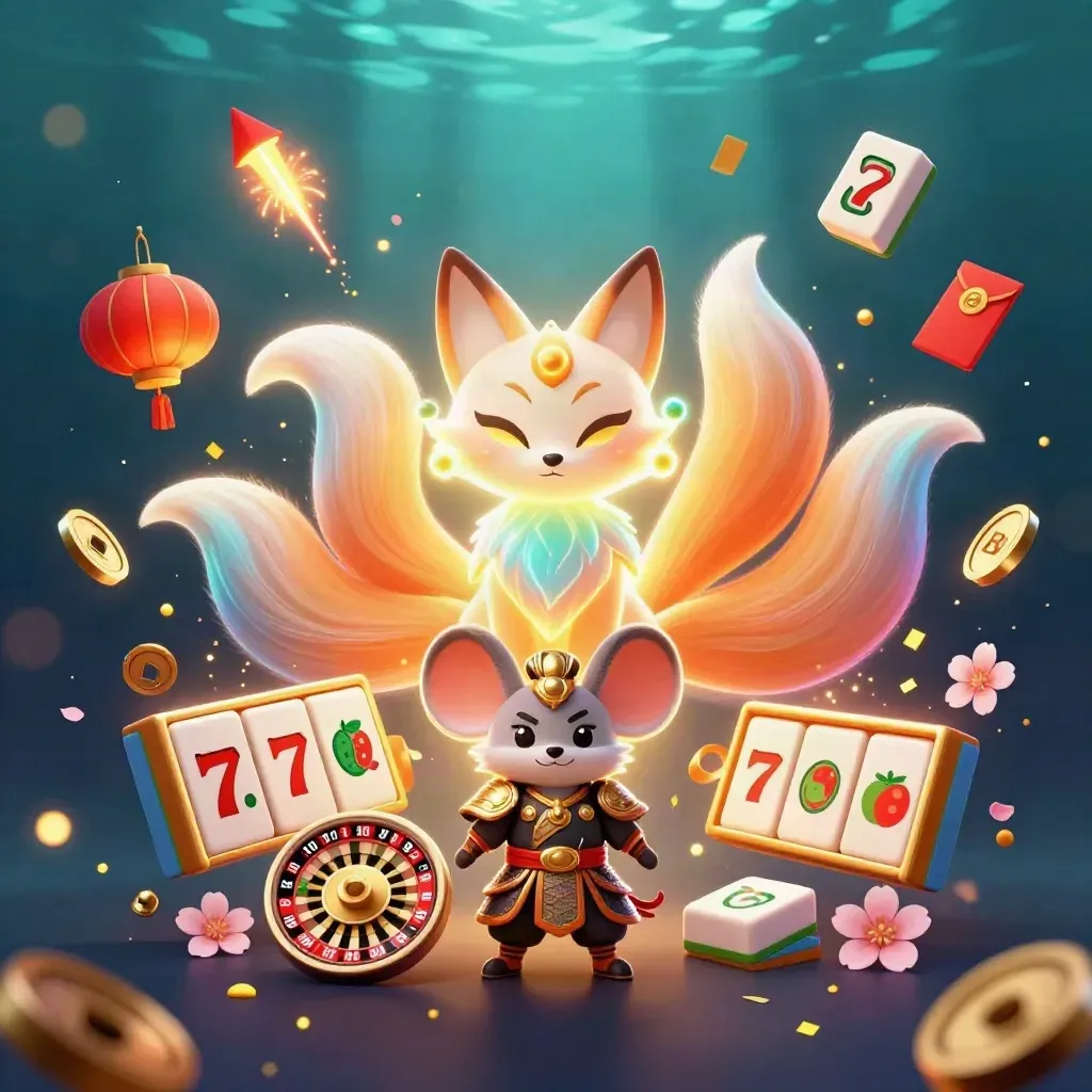 Neon nine-tailed fox spirit and armored mouse amid casino icons in a dark blue glow